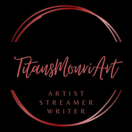 The image features a circular logo with a black background. The text "TitansMonriArt" is prominently displayed in a stylish red font at the center. Below it, the words "ARTIST STREAMER WRITER" are arranged in a smaller red font. The design includes two cur