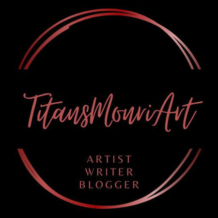 The image features a circular logo with a black background. The text "TitansMonriArt" is prominently displayed in a stylish red font at the center. Below it, the words "ARTIST STREAMER WRITER" are arranged in a smaller red font. The design includes two cur